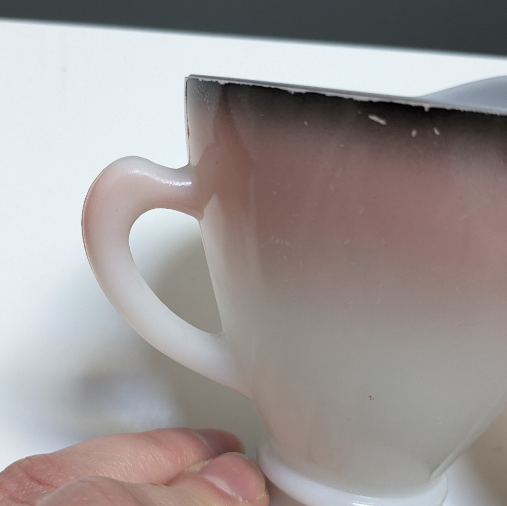 Vintage 1950s Hazel Atlas Pink & Black Ovide Milk Glass Cups and Cream Pitcher - Picture 8 of 9